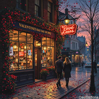 A twilight street scene from Valentine's Day 1992, featuring a quaint shop covered in red…