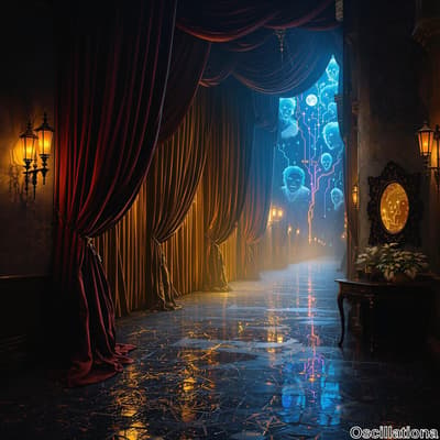 A mysterious corridor bathed in golden light, with deep red curtains elegantly framing th…
