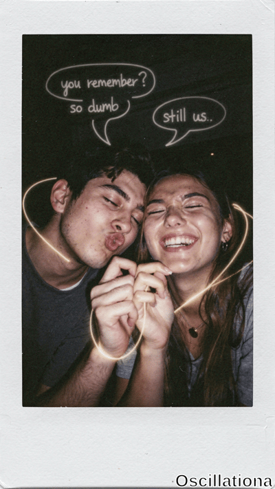 Vintage Instax Polaroid with white borders on black background: close-up of young couple …