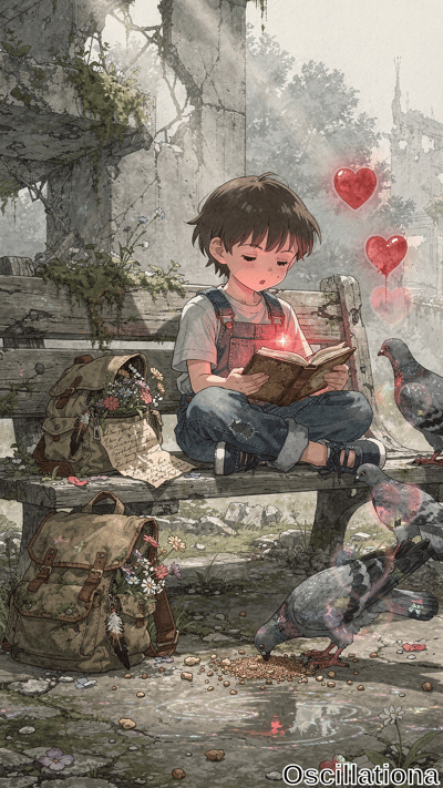 Anime-style boy with short brown hair, rosy cheeks, closed eyes, and blissful smile sits …
