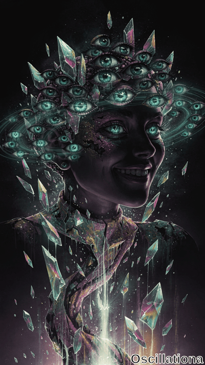 A surreal digital artwork depicting a human figure with a shadowy face and broad smile, a…