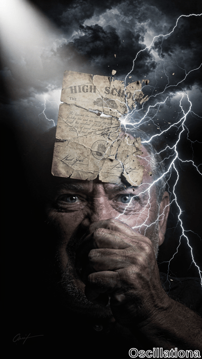 A person with wide, shocked eyes and a hand covering their mouth set against a stormy bac…