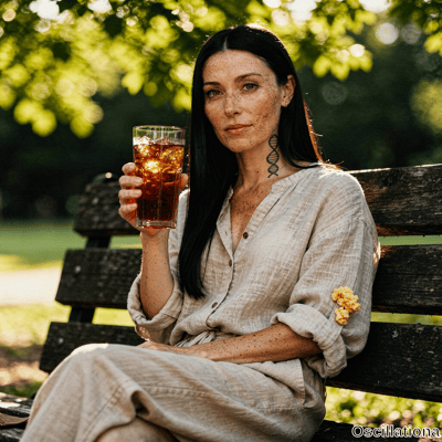 A woman with long black hair and freckles sitting on a bench holding tea with a tattoo an…