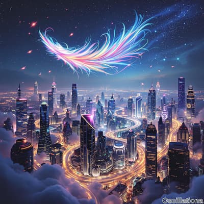 A futuristic cityscape at night with skyscrapers of diverse designs, illuminated in blue,…