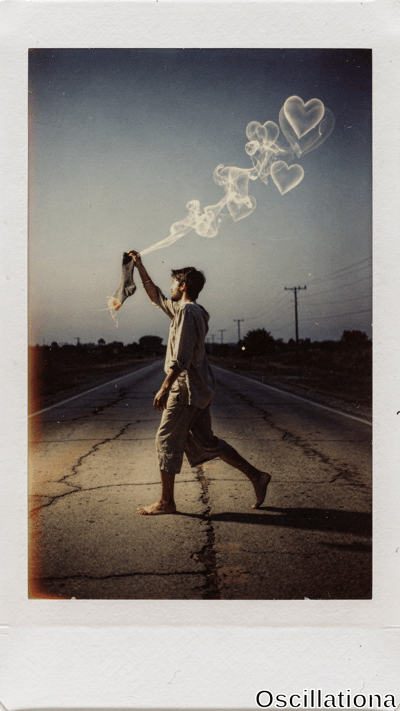 Instax-style photo of barefoot man in beige hoodie and khaki shorts walking right on crac…