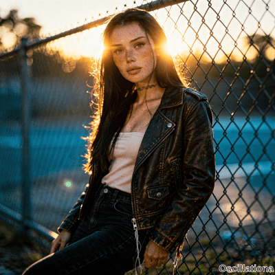 A young woman with long brown hair, freckles, hazel eyes, snake neck tattoo leaning on ch…