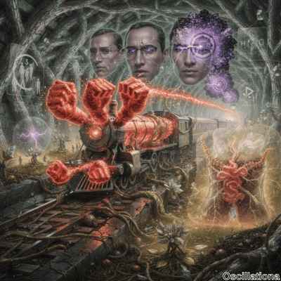 A surreal digital artwork featuring a menacing steam locomotive with red, muscular human-…