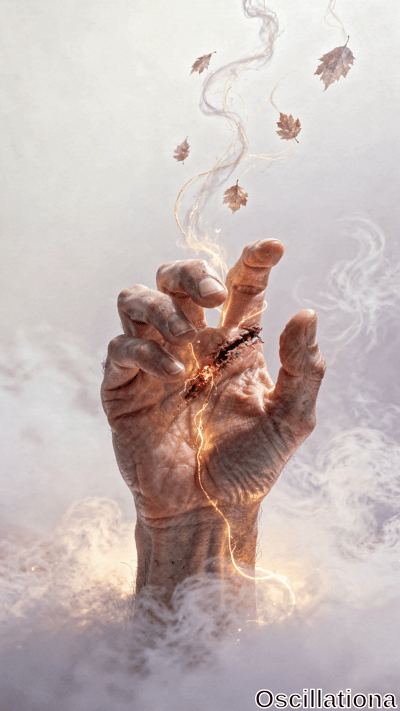 A surreal scene with an aged human hand emerging from misty clouds, featuring a glowing w…