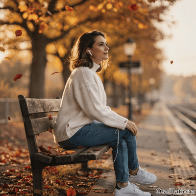 A woman with brown hair wearing off-white turtleneck and earbuds sits smiling in profile …