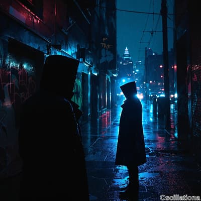 Two mysterious figures in dark hoods face each other in a rainy urban alley, illuminated …