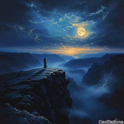A solitary figure in a flowing white gown stands on a rugged cliff at twilight, overlooki…