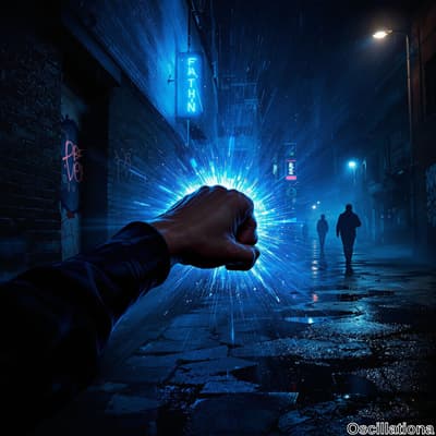 A dark urban alley at night, bathed in neon and street lamp light, exudes a futuristic cy…