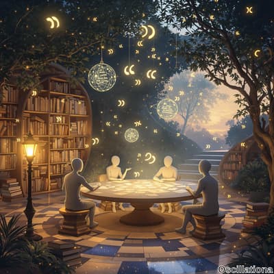 Four abstract figures gather around a circular table at dusk, surrounded by lush green fo…