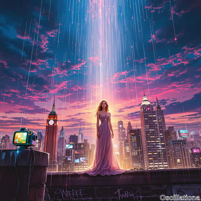 A woman in a flowing lavender gown stands on a graffiti-covered ledge in a futuristic cit…