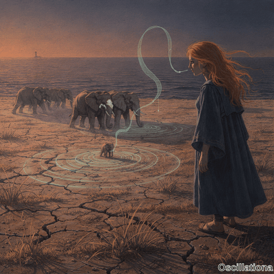 Surreal painting of woman emitting turquoise energy from mouth to baby elephant on cracke…