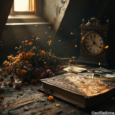 A nostalgic attic scene bathed in golden sunlight streaming through a window, highlightin…