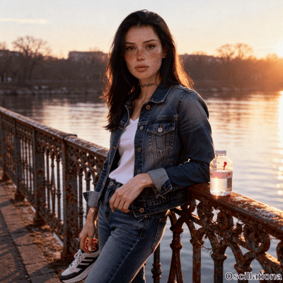 Young freckled woman with long wavy hair and light brown eyes leans on ornate rusted rail…
