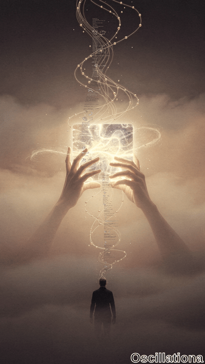 In a surreal scene, two hands emerge from mist, holding a glowing, transparent cube that …