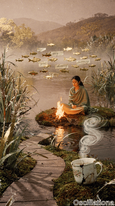 Sepia-toned misty dawn landscape: serene East Asian woman in olive sari meditates by camp…