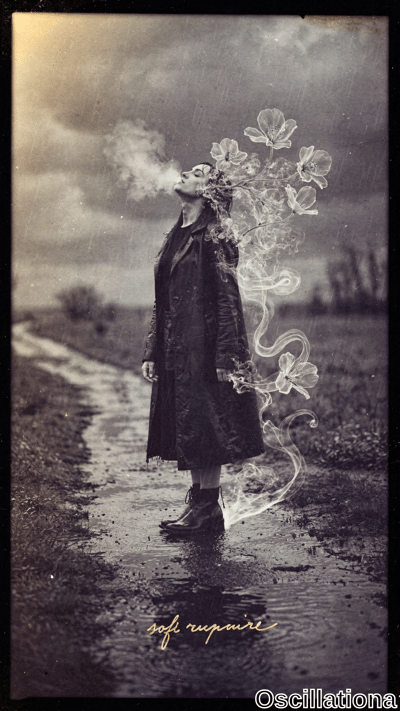 Vintage sepia-toned photo with vignette and aged texture: young woman in profile on muddy…