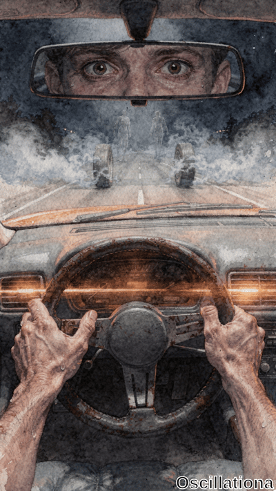 Tense horror watercolor from driver's POV in rusty 1970s muscle car at night: pale veiny …