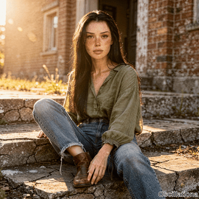 Freckled young woman with long chestnut hair in olive blouse and jeans sits calmly on sto…