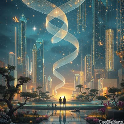 A futuristic cityscape at twilight with towering skyscrapers adorned with neon lights and…