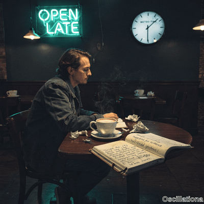 Moody scene in a dimly lit cafe at night where a middle-aged man in a denim jacket looks …