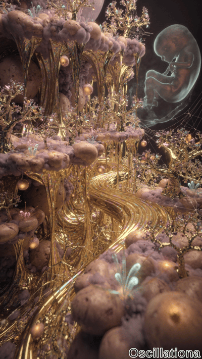 A surreal landscape with a golden, winding pathway resembling a river of light, surrounde…