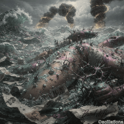 A surreal scene on a turbulent sea with a large, grotesque, spike-covered fleshy form par…