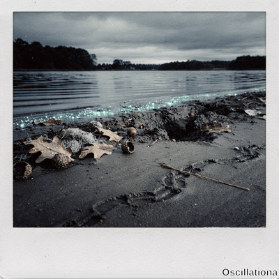 Moody lakeshore with dark sand and oak leaves, acorns, debris leading to cyan bioluminesc…