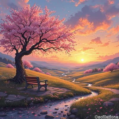 A serene sunset landscape with vibrant colors; a cherry blossom tree with pink flowers ca…
