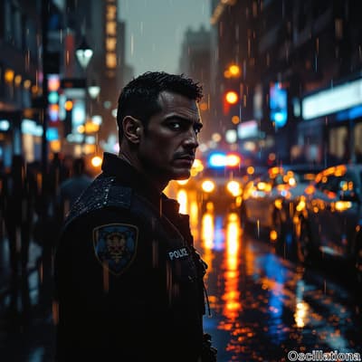 A police officer stands in a rainy urban night, wearing a uniform with a badge on the sho…