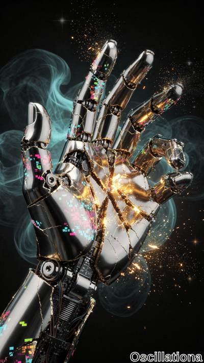 A futuristic robotic hand in disassembly, showcasing intricate mechanical components, cir…