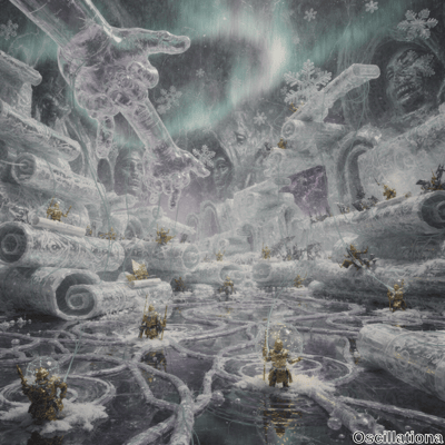 A fantastical icy landscape with surreal, mystical ambiance; large translucent ice struct…