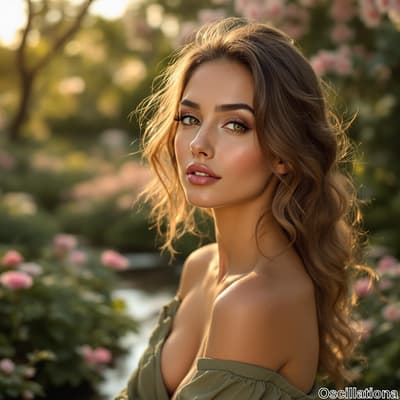A young woman with voluminous wavy hair bathed in warm sunlight gazes softly at the camer…