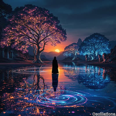 A silhouette in a dark cloak stands in calm water at twilight, facing a setting or rising…
