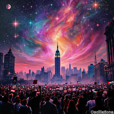 A surreal New York City skyline with the Empire State Building at its center, set against…