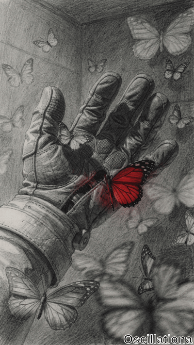 Surreal pencil sketch of oversized textured gray astronaut glove hand extending palm-up f…