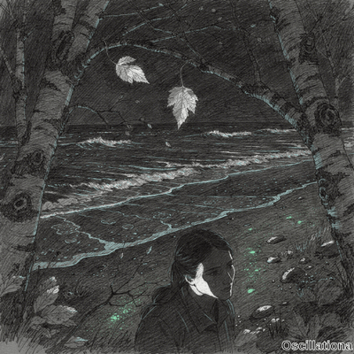 Haunting cross-hatched illustration of pensive young woman on rocky shore by turquoise oc…
