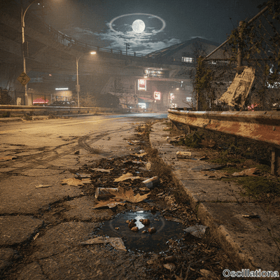 Haunting, cinematic night scene of a derelict urban street under a concrete overpass with…