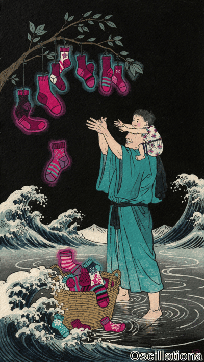 Surreal ukiyo-e-style print on black background: joyful man in flowing teal robe back-car…
