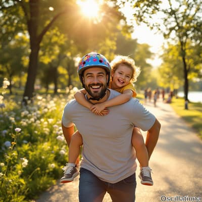 A joyful scene in a sunlit park where a man gives a young girl a piggyback ride, both wea…