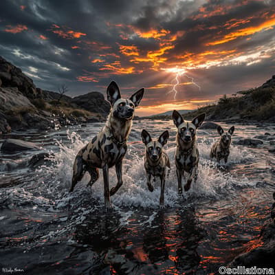 Four African wild dogs with mottled black, brown, white, and yellow coats wade through a …