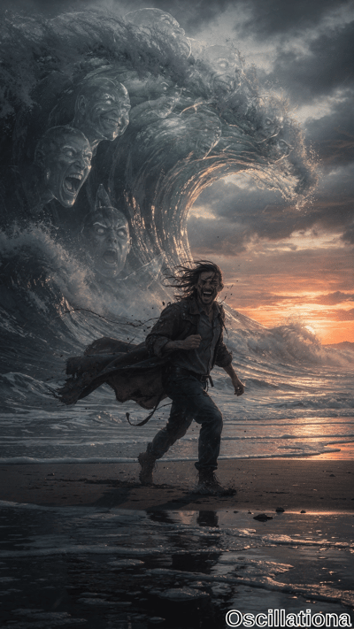 A man in a dark coat and rugged attire runs towards the viewer with a look of intense fea…