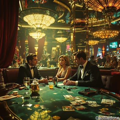 A luxurious casino scene with a round green felt poker table, gold chips, cards, and drin…