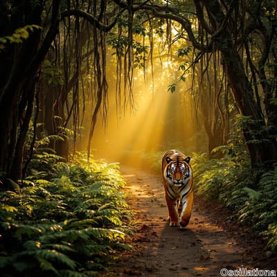 A majestic tiger with vibrant orange fur and black stripes walks confidently down a fores…