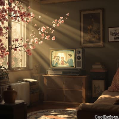 A cozy living room bathed in warm light, featuring a classic TV showing a cheerful family…
