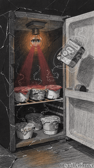 Surreal grayscale pencil sketch of open distressed wooden fridge door in dark cracked int…