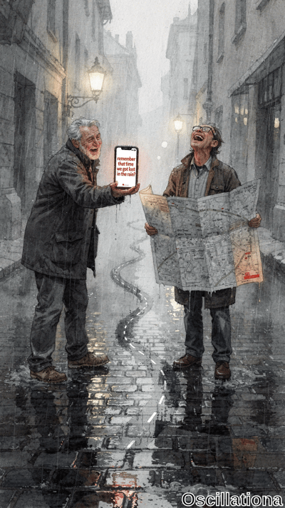 Watercolor of two men laughing in narrow wet cobblestone alley on rainy night lit by warm…